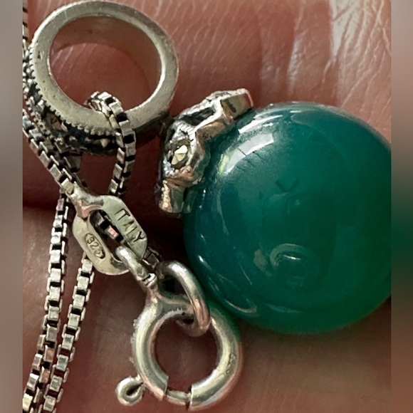 Sterling silver necklace Green Chalcedony, on box chain round pendant 1872 R - Picture 3 of 12